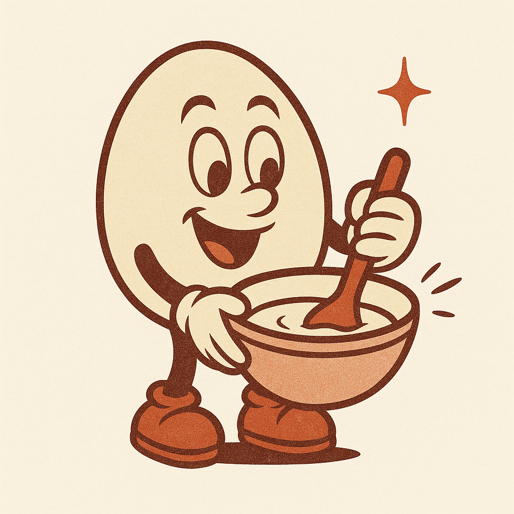 Chani's Donuts mascot, an egg mixing batter in a bowl