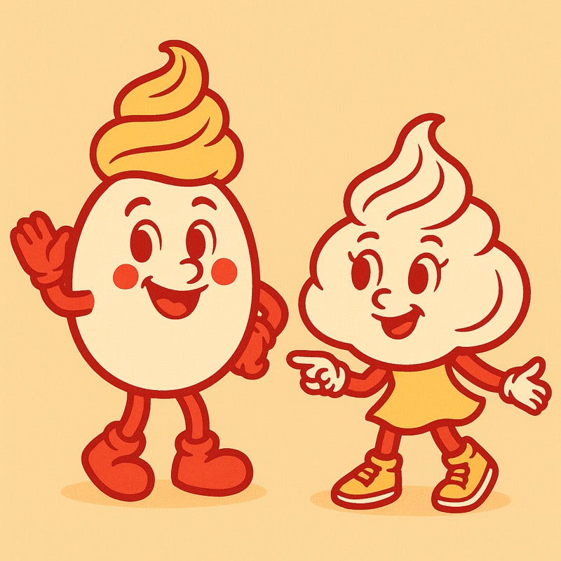 The Eggless Wonder mascots: a happy egg and meringue, drawn retro style